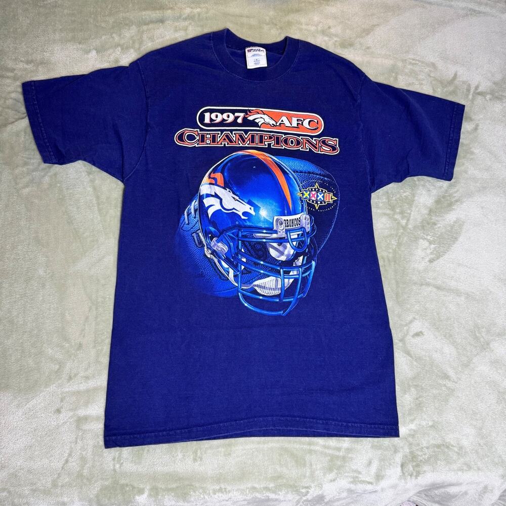 Vintage 1997 Denver Broncos AFC Champions Super Bowl XXXII Graphic T Shirt Blue - Picture 1 of 6